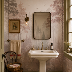 Blush pink forest wallpaper with tall misty trees and birds decorating a vintage style bathroom.