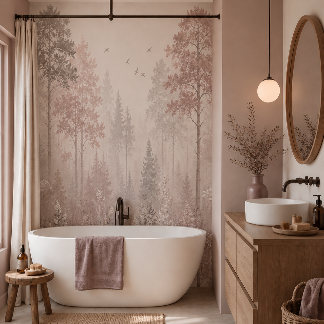 Soft pink woodland wall mural behind a freestanding bathtub in a warm modern bathroom.