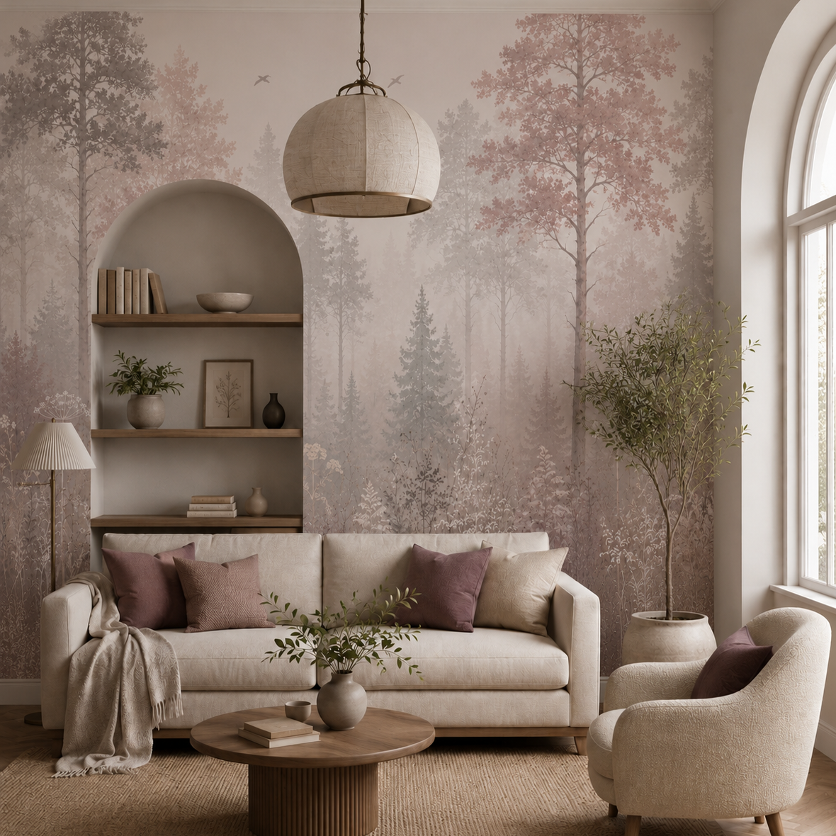 Dusty rose forest wallpaper with layered trees in an elegant neutral living room.
