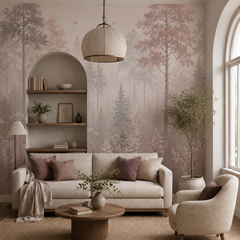 Dusty rose forest wallpaper with layered trees in an elegant neutral living room.