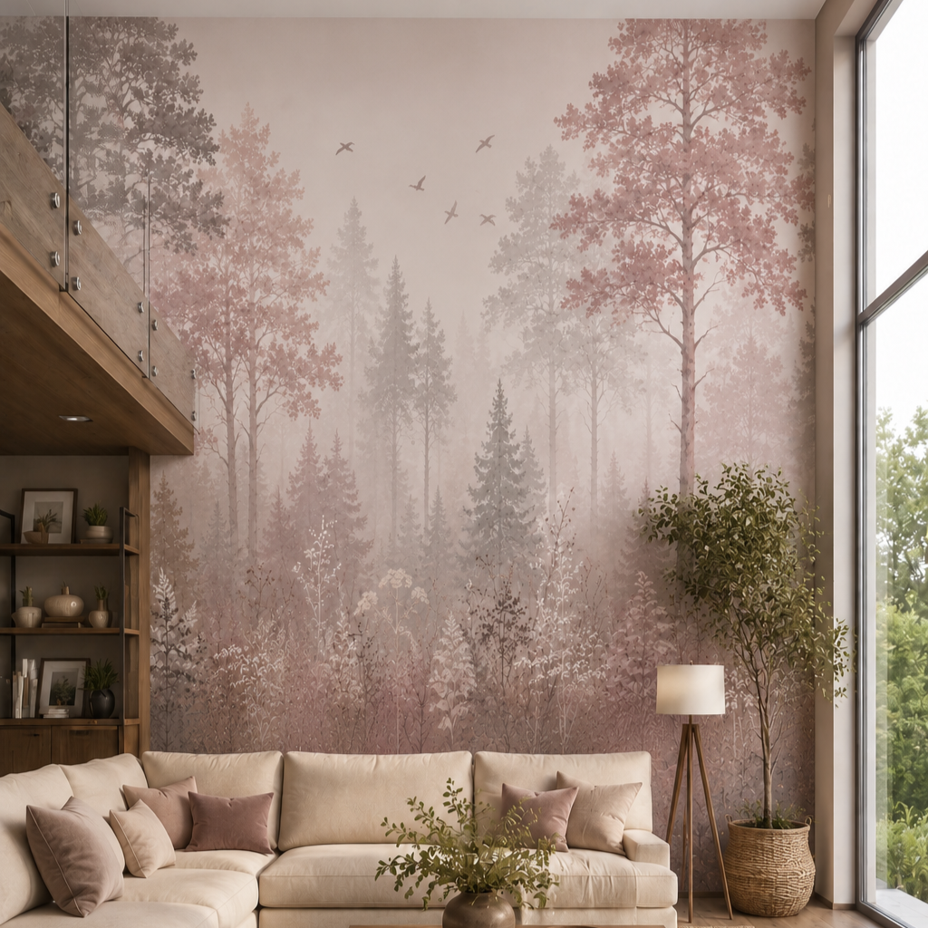Blush woodland mural with soft pink trees decorating a tall contemporary living room wall.