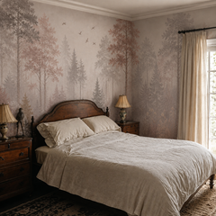 Misty pink forest wallpaper in a classic bedroom with dark wood furniture and cream bedding.