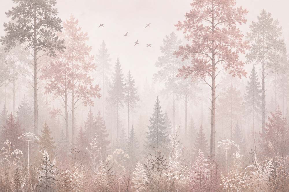 Soft blush and taupe forest mural with tall trees, meadow plants and flying birds.
