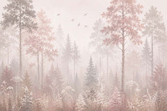 Soft blush and taupe forest mural with tall trees, meadow plants and flying birds.