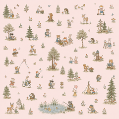 Pink woodland friends mural displayed in an active kids playroom with forest animals, trees, climbing wall and wooden toys.