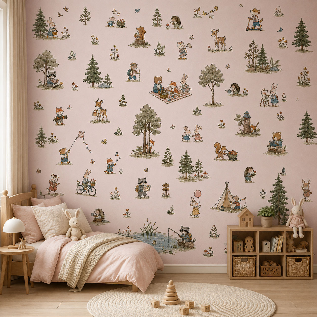 Vintage woodland animal wallpaper displayed in a soft pink girls bedroom with rabbits, foxes, deer and forest illustrations.