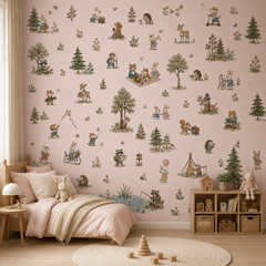 Vintage woodland animal wallpaper displayed in a soft pink girls bedroom with rabbits, foxes, deer and forest illustrations.