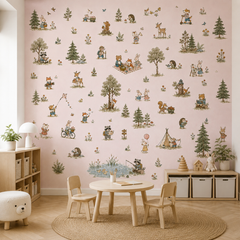 Pink woodland friends wallpaper with deer, rabbits, foxes, bears, raccoons, squirrels, hedgehogs, trees and playful forest scenes.