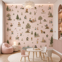 Pink forest friends wall mural shown in a bright children’s playroom with woodland animals, picnic scenes, trees and flowers.