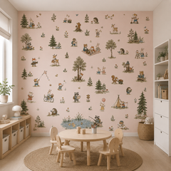 Woodland animal wallpaper displayed in a modern pink playroom with foxes, rabbits, bears, deer, raccoons and outdoor adventures.