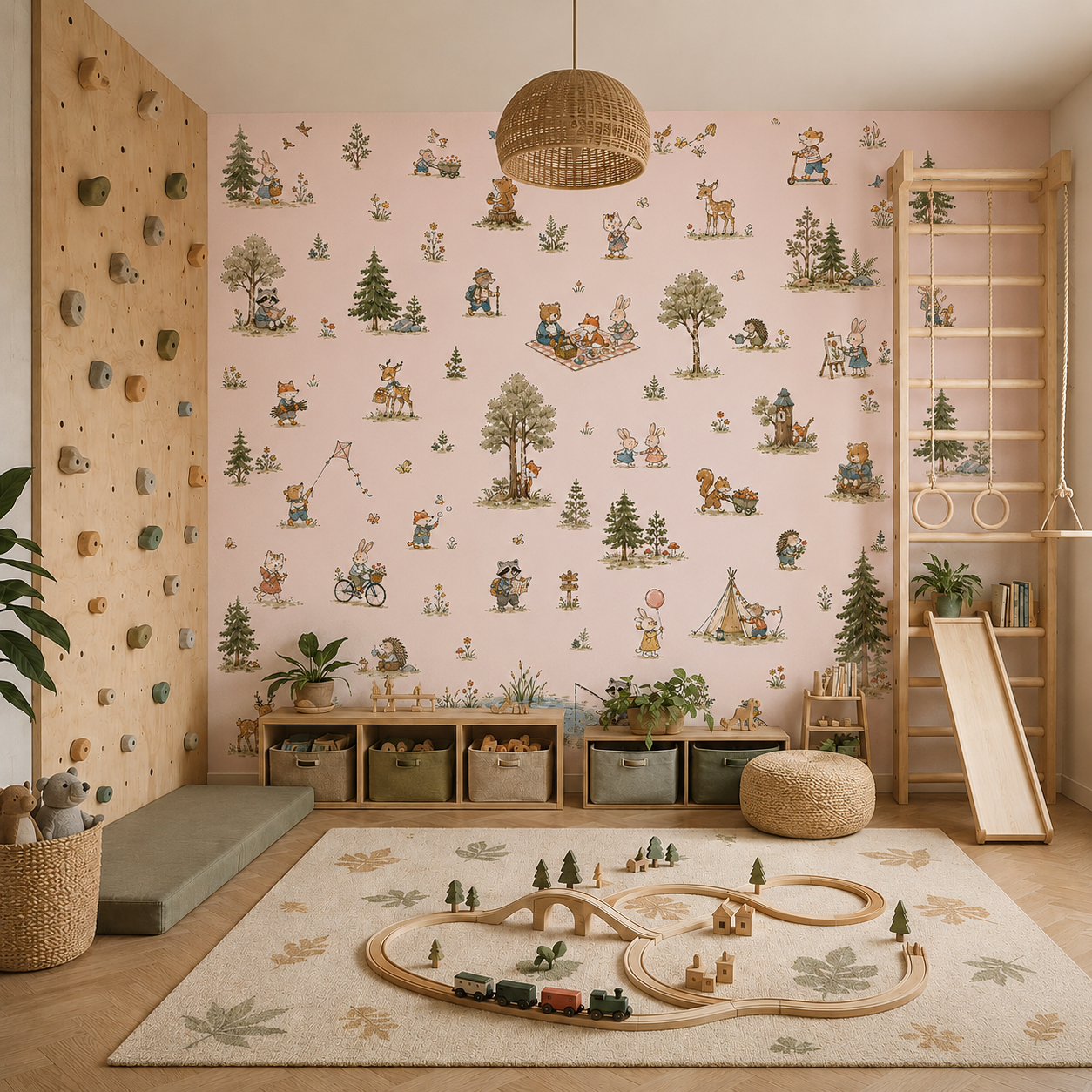 Vintage pink woodland wallpaper shown in a neutral kids playroom with forest animals, camping, fishing, cycling and picnic scenes.