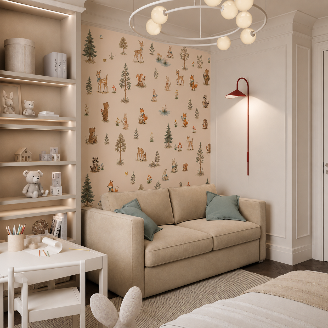 Vintage forest friends wall mural shown in a cozy kids craft and play area with woodland animals and botanical details.