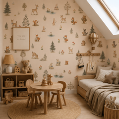 Woodland animals wallpaper with deer, rabbits, foxes, bears, raccoons, hedgehogs, squirrels, trees, flowers and mushrooms.
