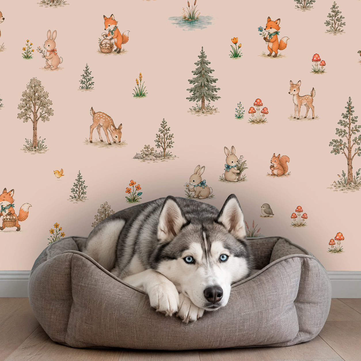 Close-up of woodland animals wallpaper with deer, rabbits, foxes, squirrels, mushrooms, flowers and forest trees on a blush beige background.