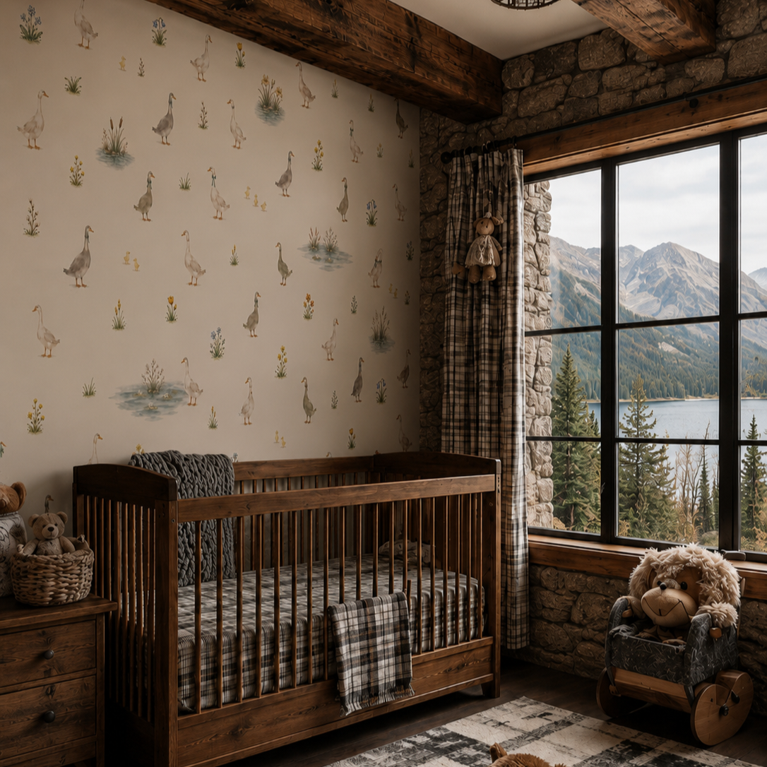 Vintage goose wallpaper displayed in a rustic nursery with dark wood crib, stone walls and mountain view.