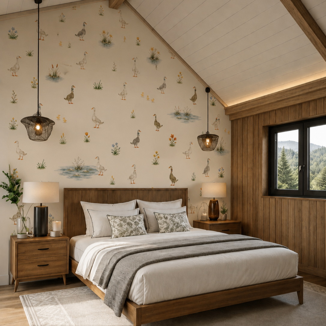 Watercolor geese wall mural shown in a cozy farmhouse bedroom with wood paneling and natural neutral decor.