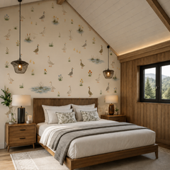 Watercolor geese wall mural shown in a cozy farmhouse bedroom with wood paneling and natural neutral decor.