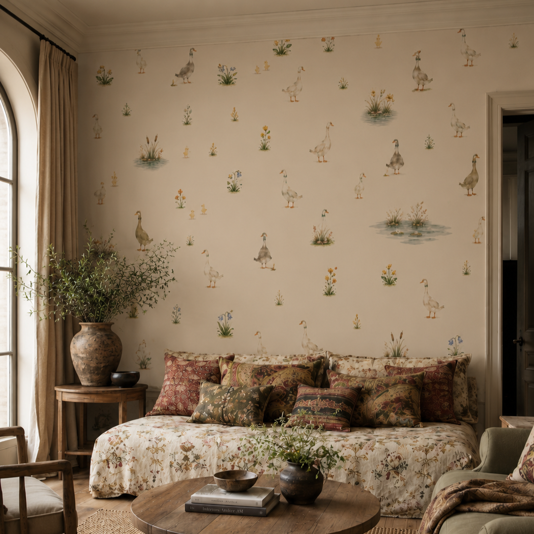 Goose and wildflower wallpaper displayed behind a vintage daybed in a warm cottage style living room.