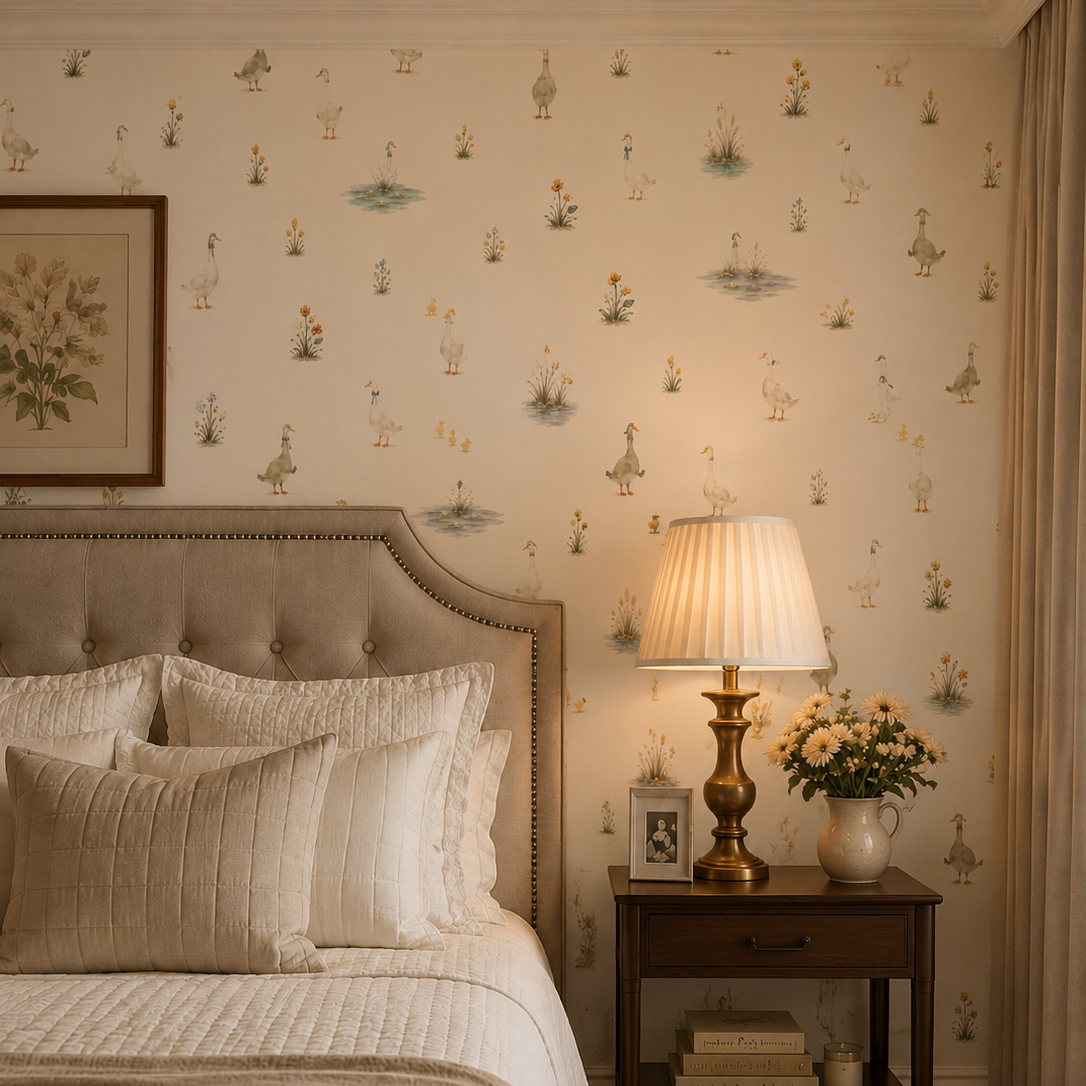 Neutral goose wallpaper shown in an elegant bedroom with upholstered headboard, brass lamp and classic decor.