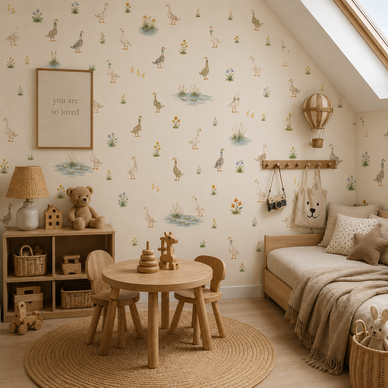 Goose wallpaper with watercolor geese, ducklings, wildflowers, grasses and small pond scenes on a warm cream background.