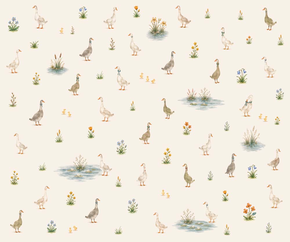 Watercolor goose wallpaper displayed in a cozy attic children’s room with natural wood furniture and soft neutral textiles.