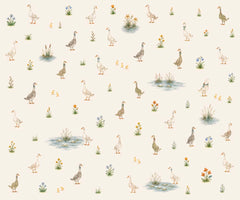 Watercolor goose wallpaper displayed in a cozy attic children’s room with natural wood furniture and soft neutral textiles.