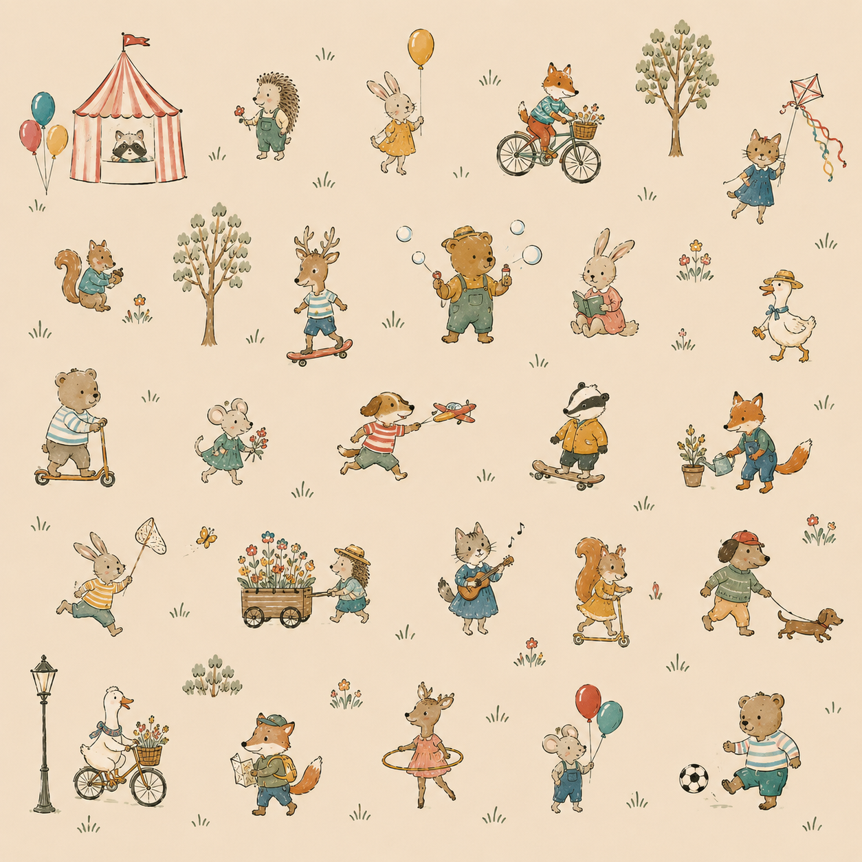 Neutral woodland animal wallpaper shown in a cozy children’s bedroom with bear, fox, rabbit, deer, squirrel and storybook characters.