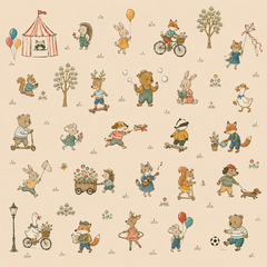 Neutral woodland animal wallpaper shown in a cozy children’s bedroom with bear, fox, rabbit, deer, squirrel and storybook characters.