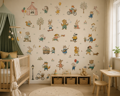 Vintage woodland animal wallpaper displayed in a cozy neutral nursery with playful bears, foxes, rabbits and forest friends.