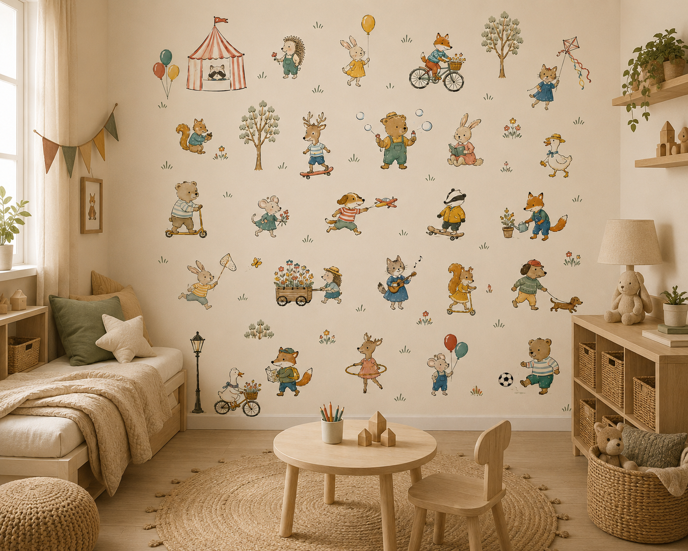 Woodland animals wallpaper with bear, fox, rabbit, deer, squirrel, hedgehog, badger and playful forest characters on a warm beige background.