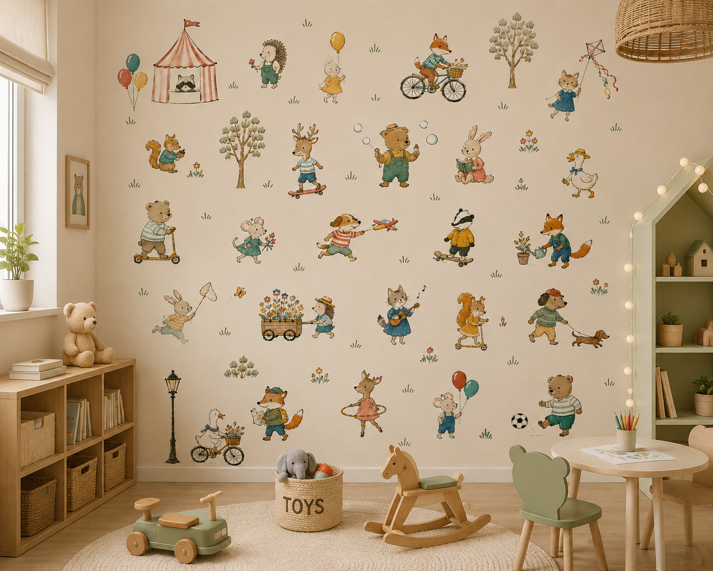 Storybook forest animals wall mural shown in a warm children’s playroom with rabbits, foxes, bears, deer and squirrels.