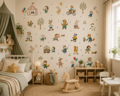 Woodland kids wallpaper displayed in a modern playroom with vintage animal illustrations, bicycles, balloons, kite and playful forest scenes.