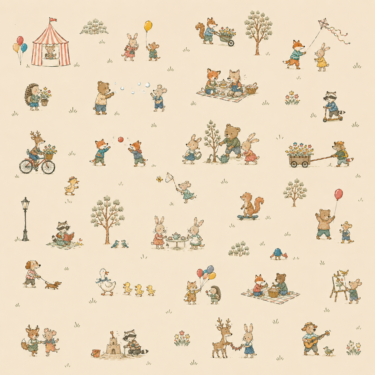 Whimsical woodland animal wallpaper with playful storybook scenes on a warm neutral background