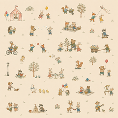 Whimsical woodland animal wallpaper with playful storybook scenes on a warm neutral background