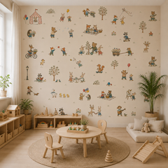 Whimsical woodland animal wallpaper in a neutral children’s playroom