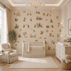 Storybook woodland animal wallpaper in an elegant neutral nursery