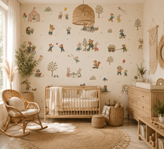 Playful woodland animal wallpaper in a warm boho nursery