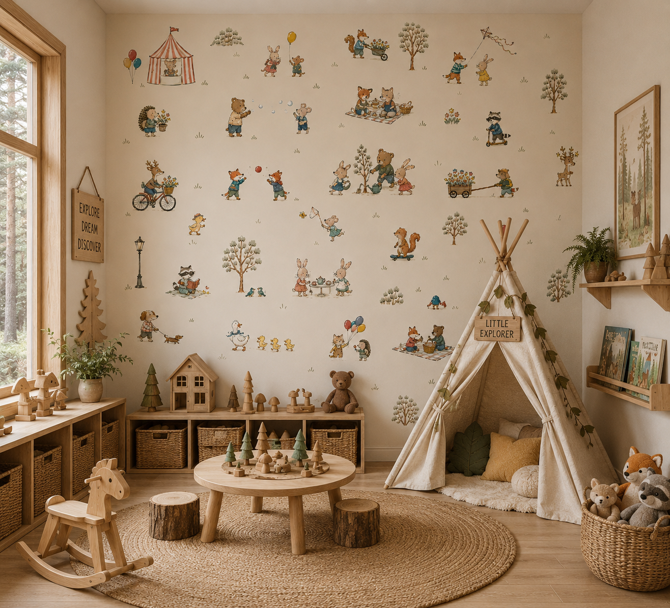 Woodland animal wallpaper in a cozy adventure-themed playroom