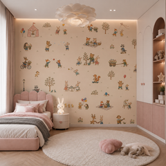 Whimsical woodland animal wallpaper in a modern pink girls’ bedroom
