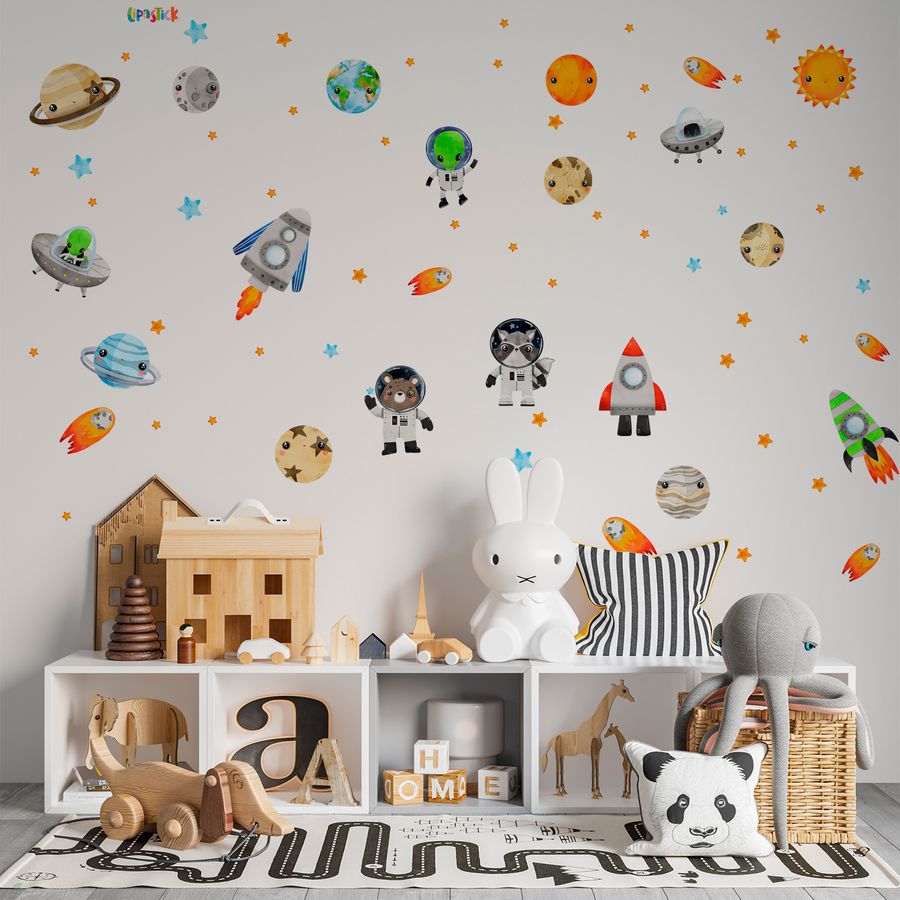 Large Solar System Wall Decals for Kids - Space Animal Wall Stickers Boys Room Playroom