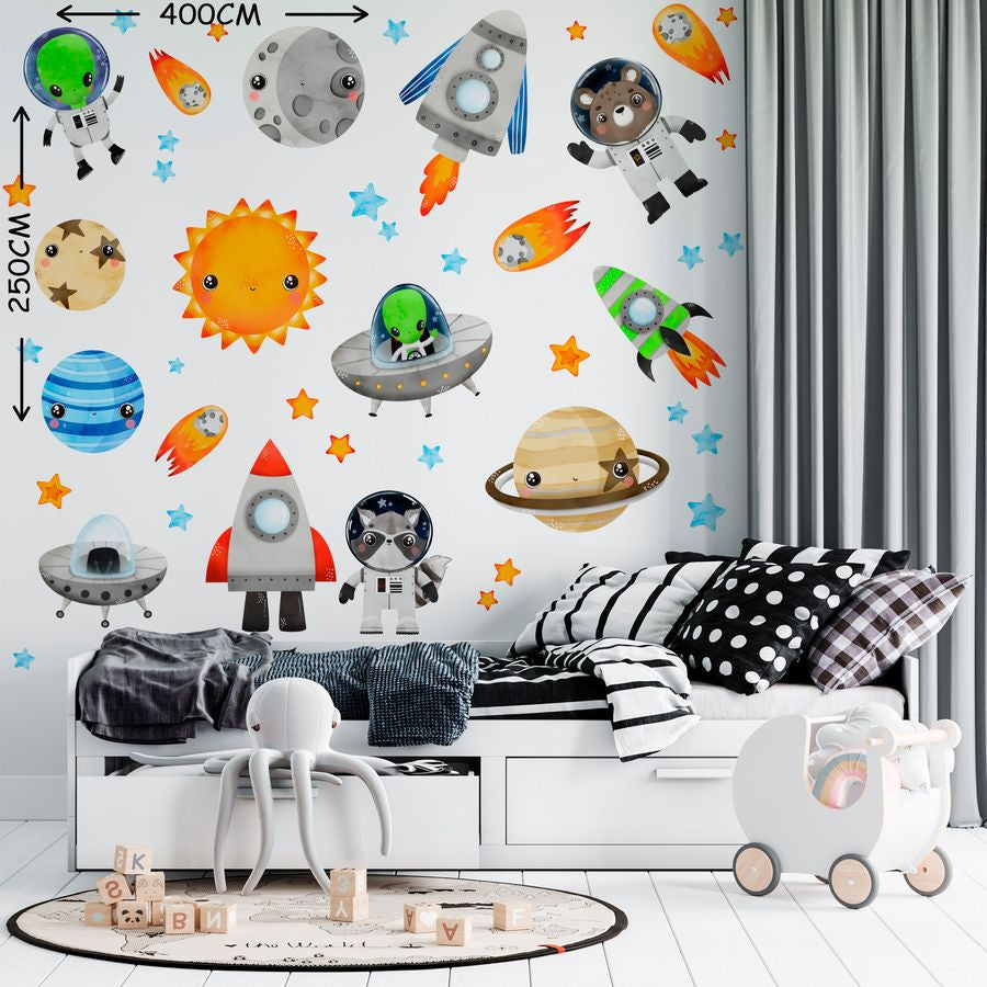 Large Solar System Wall Decals for Kids - Space Animal Wall Stickers Boys Room Playroom