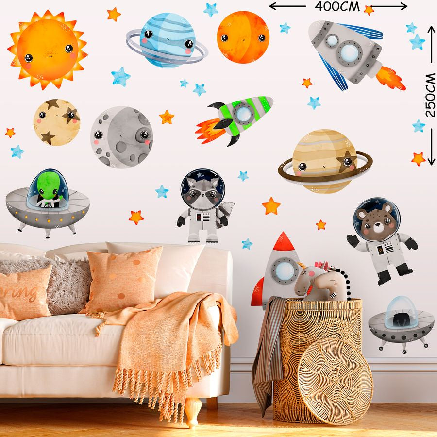 Large Solar System Wall Decals for Kids - Space Animal Wall Stickers Boys Room Playroom