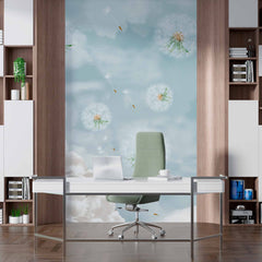 Custom Whimsical Dandelion Wall Mural Wallpaper with Cloudy Sky Background