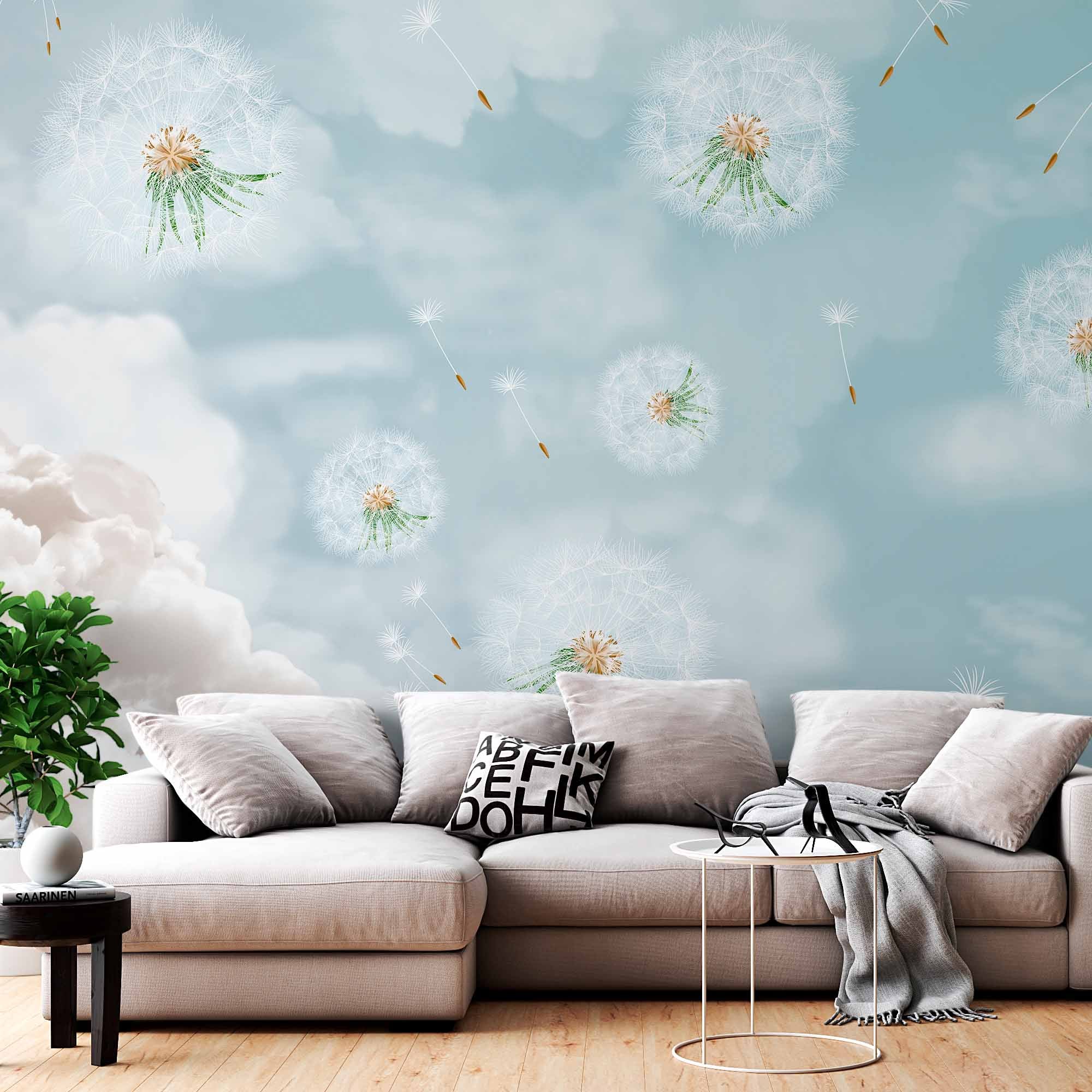 Whimsical Dandelion Wall Mural Wallpaper with Cloudy Sky Background