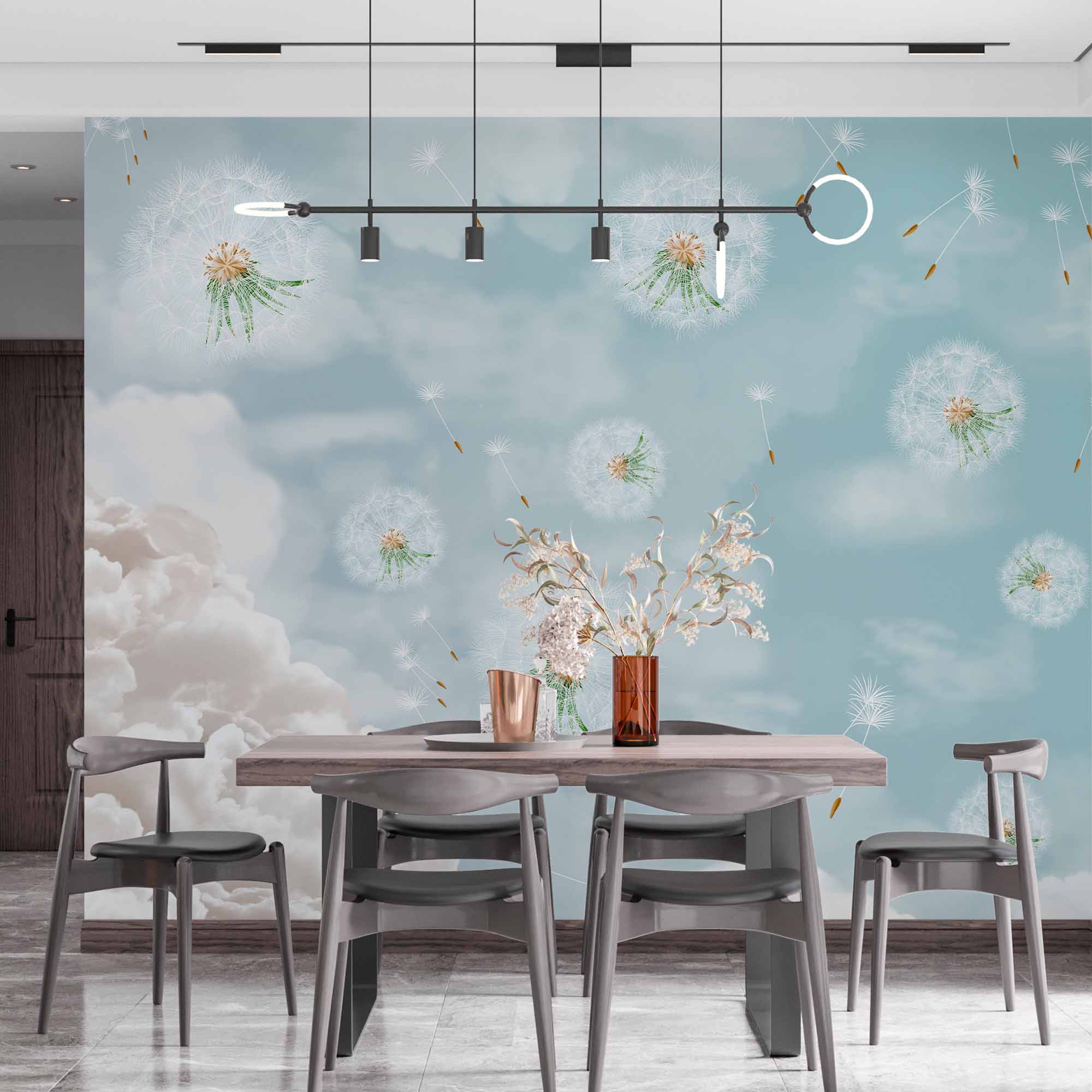 Whimsical Dandelion Wall Mural Wallpaper with Cloudy Sky Background