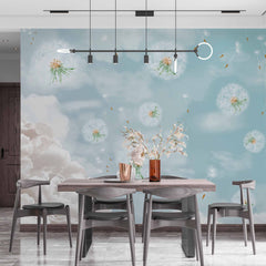 Custom Whimsical Dandelion Wall Mural Wallpaper with Cloudy Sky Background