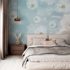 Custom Whimsical Dandelion Wall Mural Wallpaper with Cloudy Sky Background
