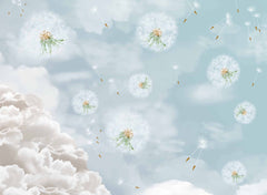 Custom Whimsical Dandelion Wall Mural Wallpaper with Cloudy Sky Background