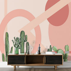 Custom Pastel Cactus Wallpaper with Modern Geometric Shapes