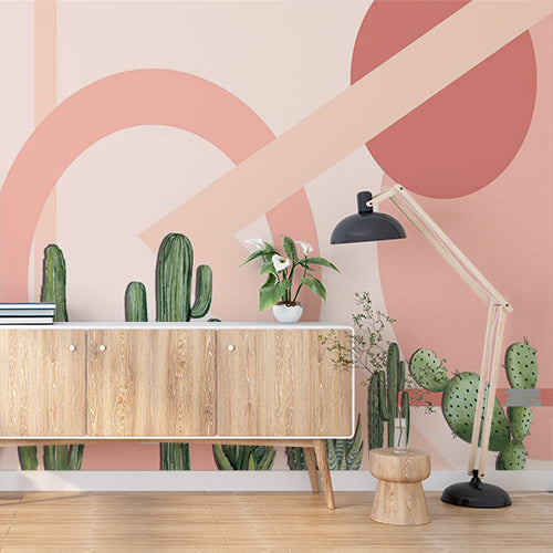 Custom Pastel Cactus Wallpaper with Modern Geometric Shapes